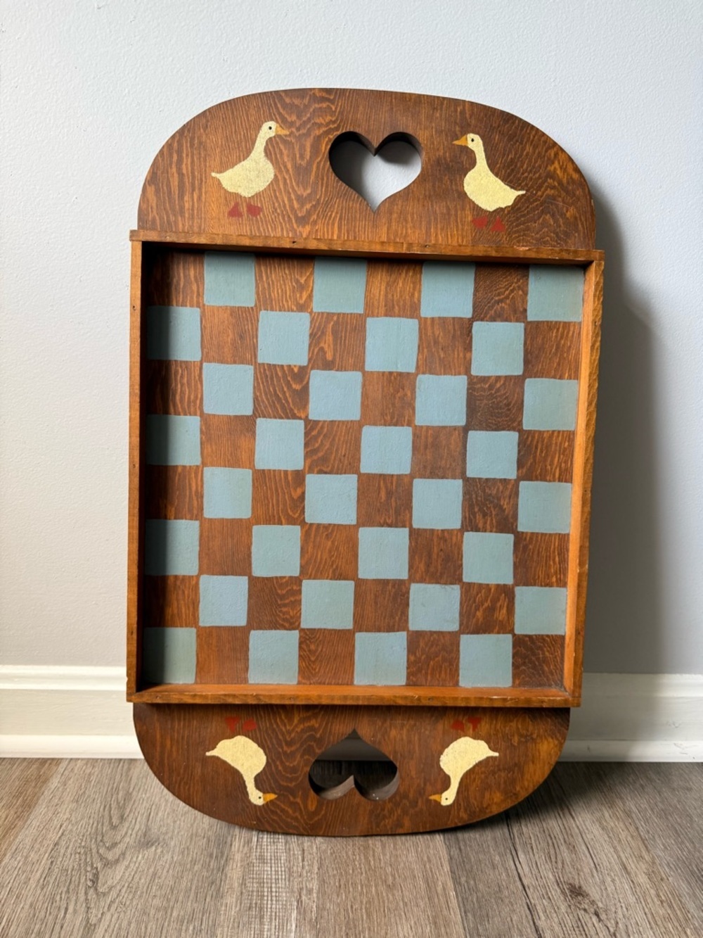 VTG Folk Hand-Painted Heart Wooden Checker Board Duck Goose Blue Brown FarmHouse
